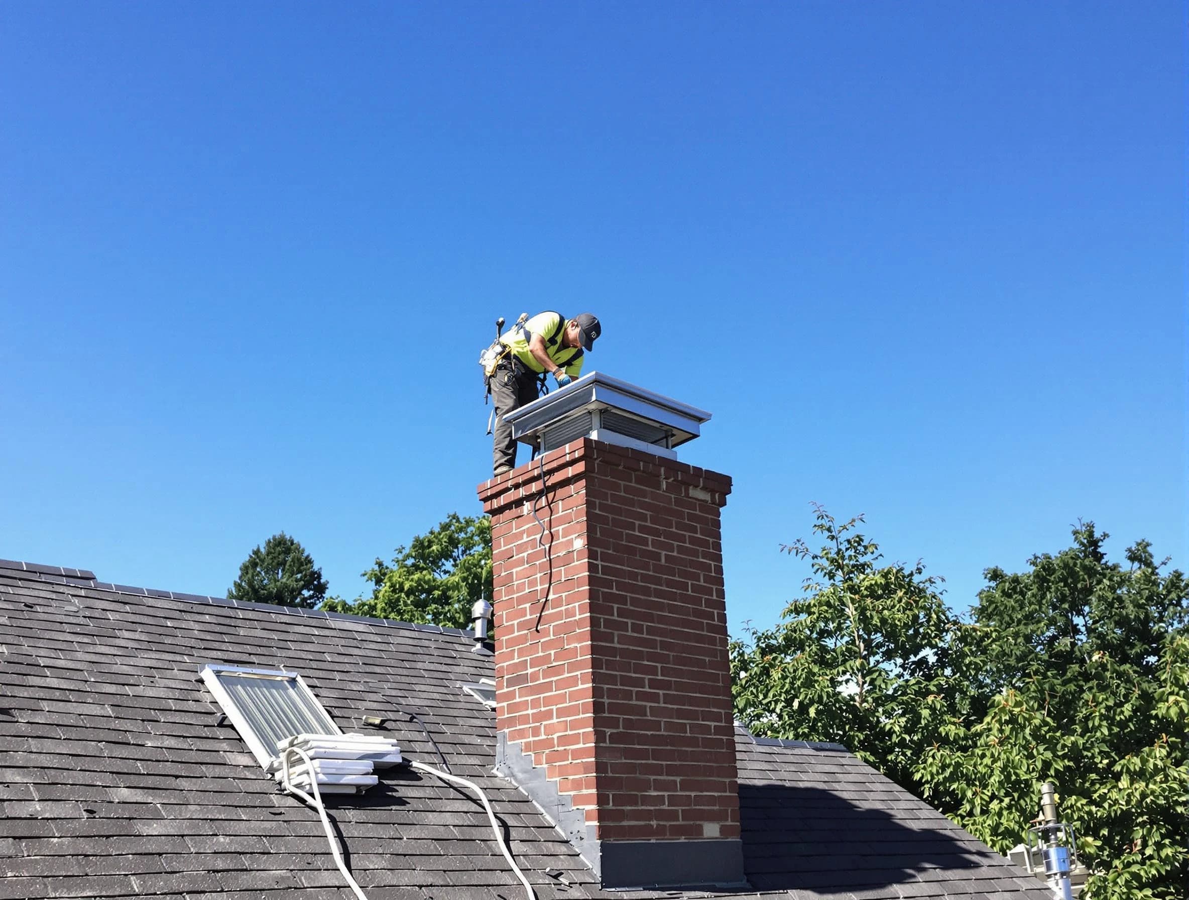 Bergenfield Chimney Sweep technician measuring a chimney cap in Bergenfield, NJ