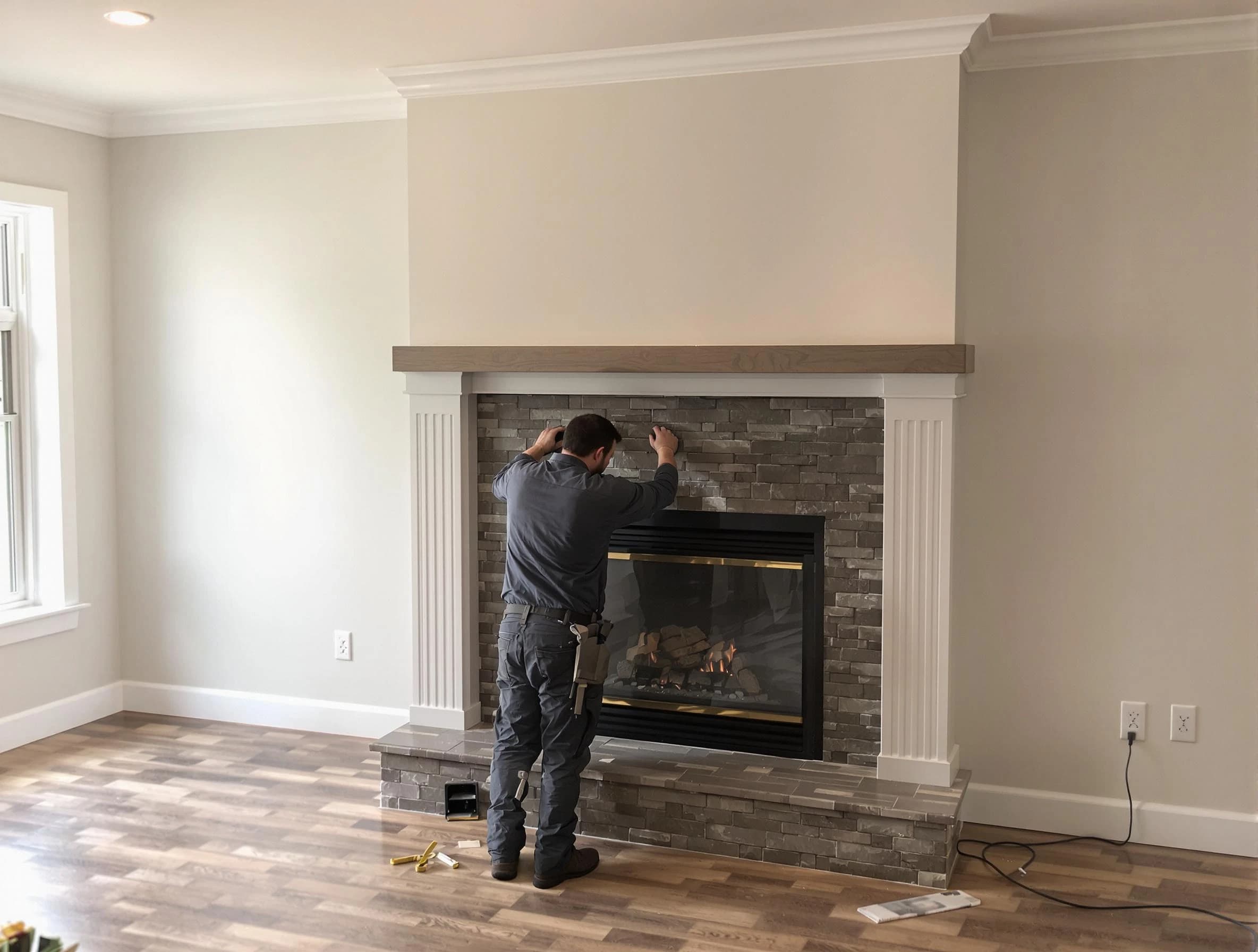 Bergenfield Chimney Sweep finishing a custom fireplace install in Bergenfield, NJ