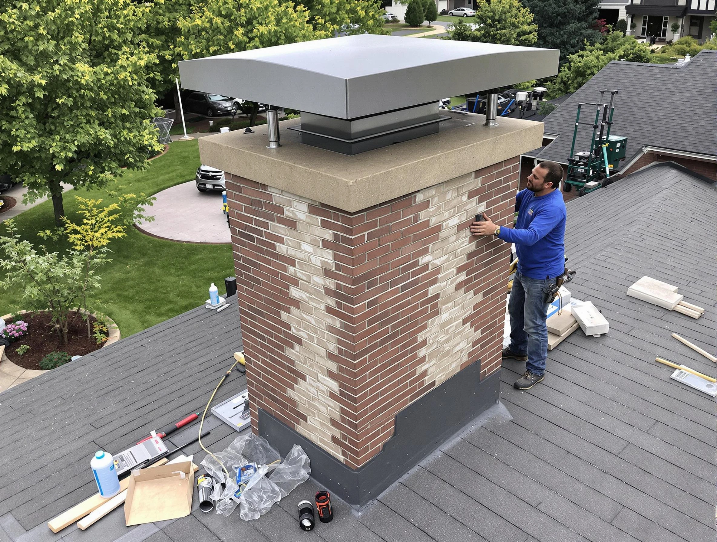 Bergenfield Chimney Sweep team working on a custom chimney remodel in Bergenfield, NJ
